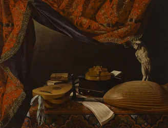 Nature morte avec instruments de musique, livres et sculpture